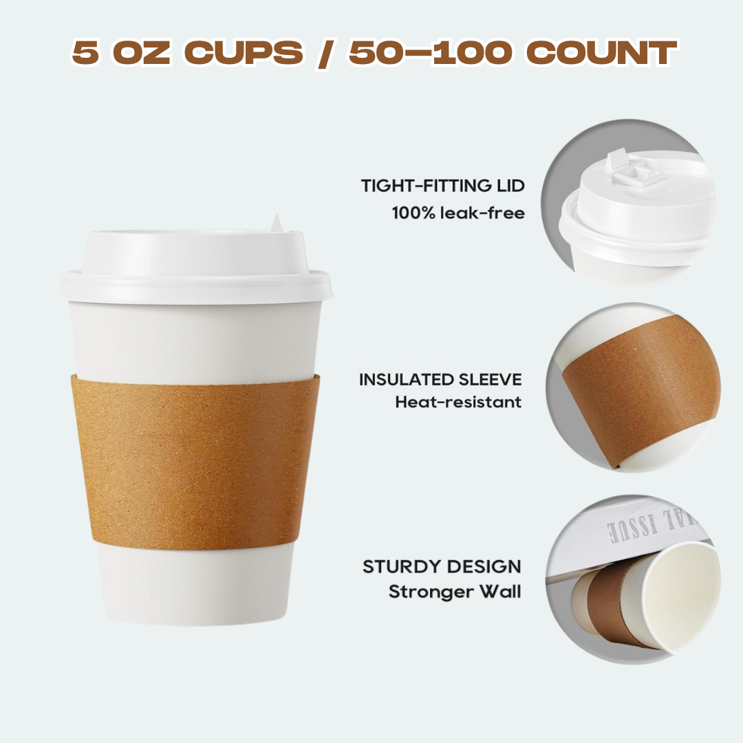 50-100 Pack Disposable Coffee Cups with Lids, Sleeves & Stir Sticks