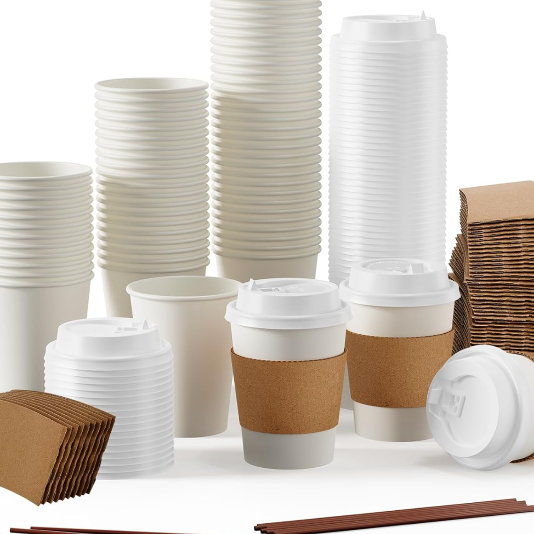 50-100 Pack Disposable Coffee Cups with Lids, Sleeves & Stir Sticks