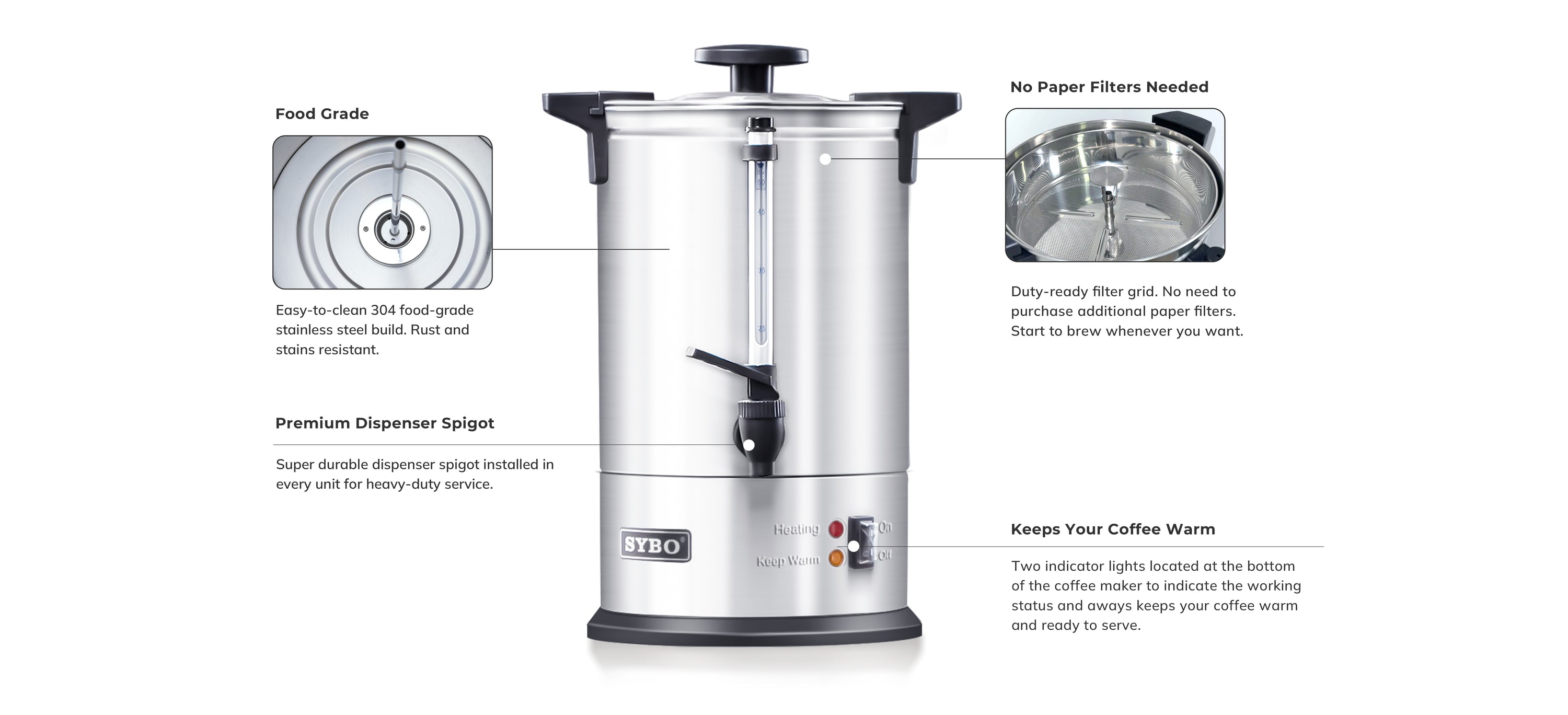 SYBO 50/100 Cups Commercial Stainless Steel Coffee Urn, 8L/16L SYBO