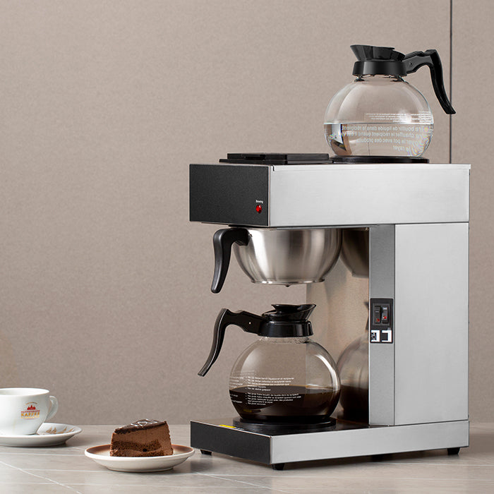  A high-volume commercial drip coffee maker that can brew 12 cups at once and features two hot plates for consistent warmth.