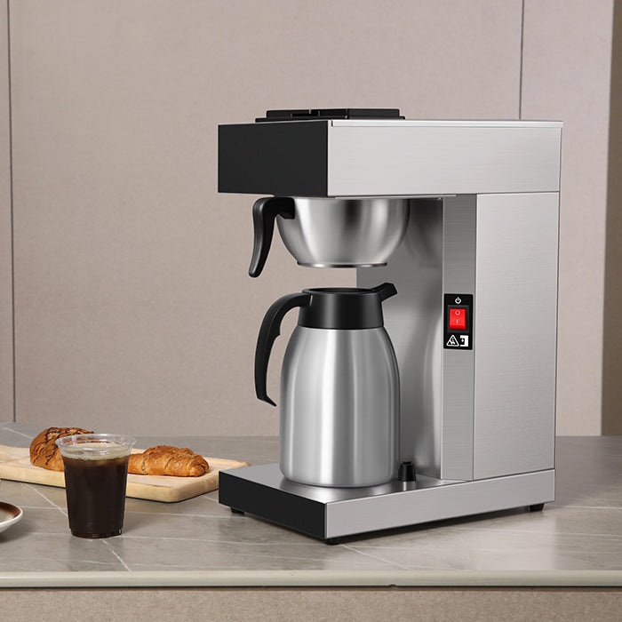 SYBO's newest commercial drip coffee maker, brews 12 cups with insulation for warmth, user-friendly switch, and includes a coffee thermal. Perfect for restaurants, cafes, and heavy-duty settings