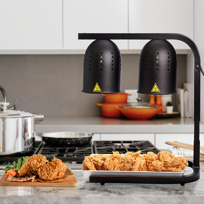 SYBO black freestanding food heat lamp - keeps French fries, onion rings, and fried chicken fresh. Versatile with adjustable stand to control heat intensity. Heavy-duty aluminum construction for busy fast food restaurants, concession stands, and snack bars.