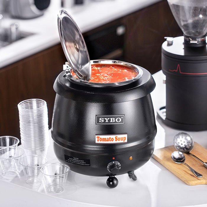 SYBO's large kettle-style soup warmer - serve fresh and hot soups all day. 10.5-quart capacity, adjustable heat control, hinged no-drip lid, and double-wall construction for safe and convenient soup warming.