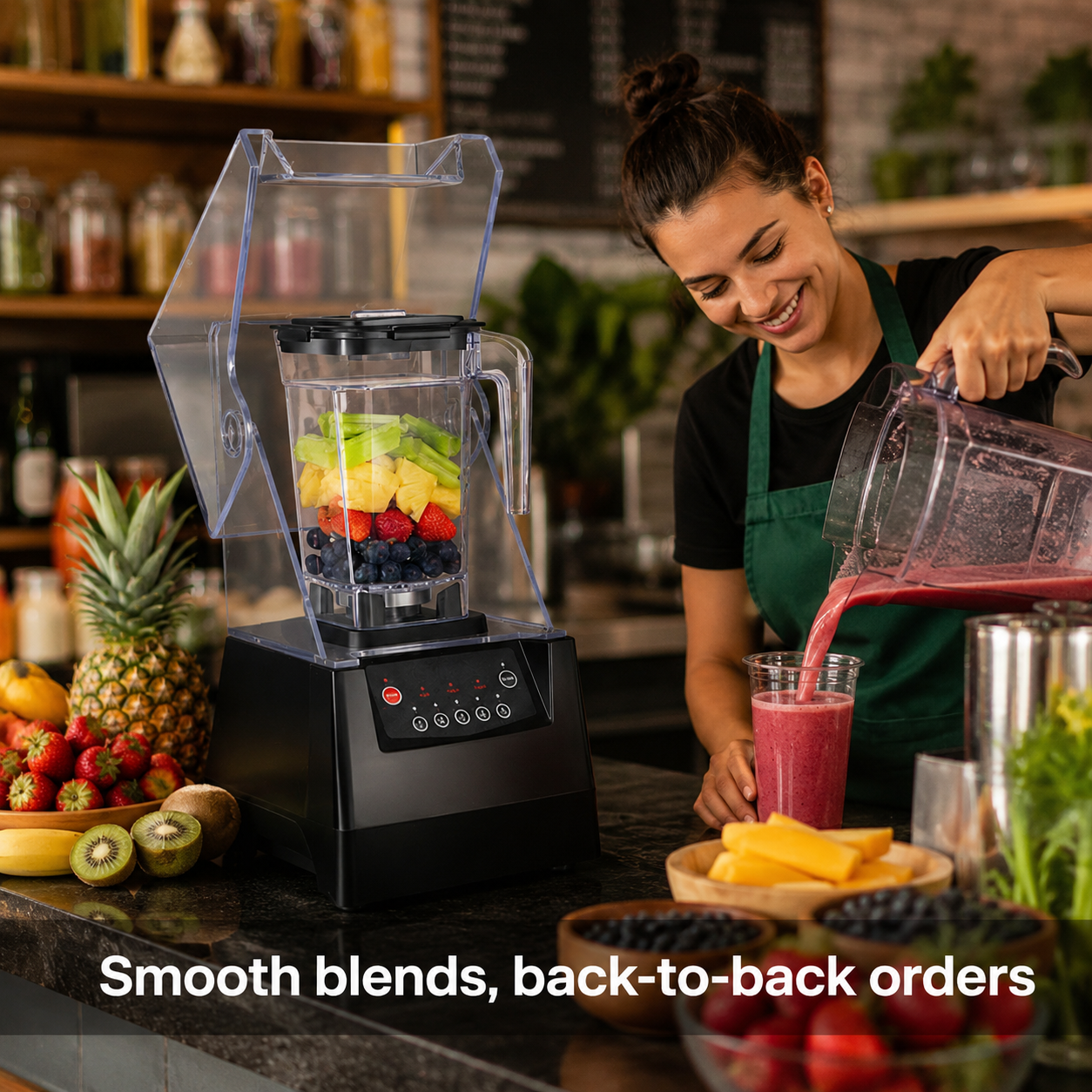 SYBO Super Quiet Commercial Blender in commercial use — Smooth blends, back-to-back orders