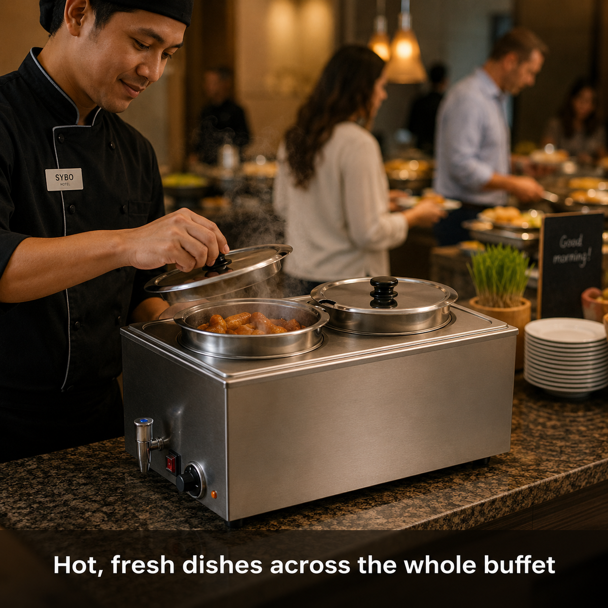 SYBO Bain Marie Buffet Food Warmer in commercial use — Hot, fresh dishes across the whole buffet
