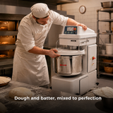 SYBO Spiral Mixer Commercial Kitchen Equipment 75/106/134/186 Qt Stainless Steel Bowl, 2-Speed Settings | Heavy-Duty Industrial Grade in commercial use — Dough and batter, mixed to perfection