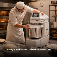 SYBO Spiral Mixer Commercial Kitchen Equipment 75/106/134/186 Qt Stainless Steel Bowl, 2-Speed Settings | Heavy-Duty Industrial Grade in commercial use — Dough and batter, mixed to perfection