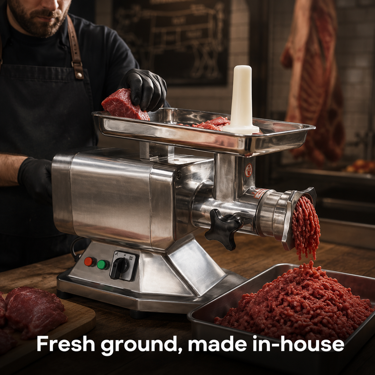 SYBO Heavy-Duty Commercial Meat Grinder in commercial use — Fresh ground, made in-house