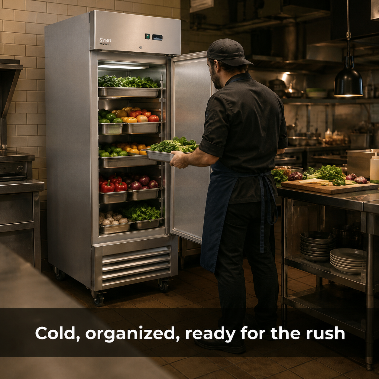 SYBO Refrigerator Commercial Kitchen Equipment | Reach-In Refrigerator (31°F–40°F) in commercial use — Cold, organized, ready for the rush