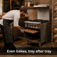 SYBO Commercial Gas Range with Oven in commercial use — Even bakes, tray after tray