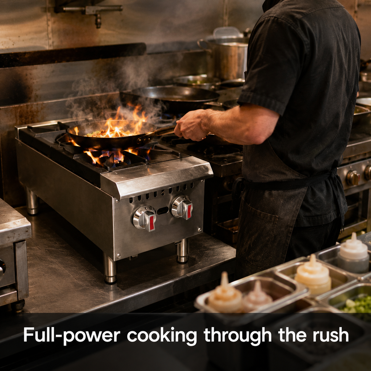 SYBO Gas Countertop Range in commercial use — Full-power cooking through the rush