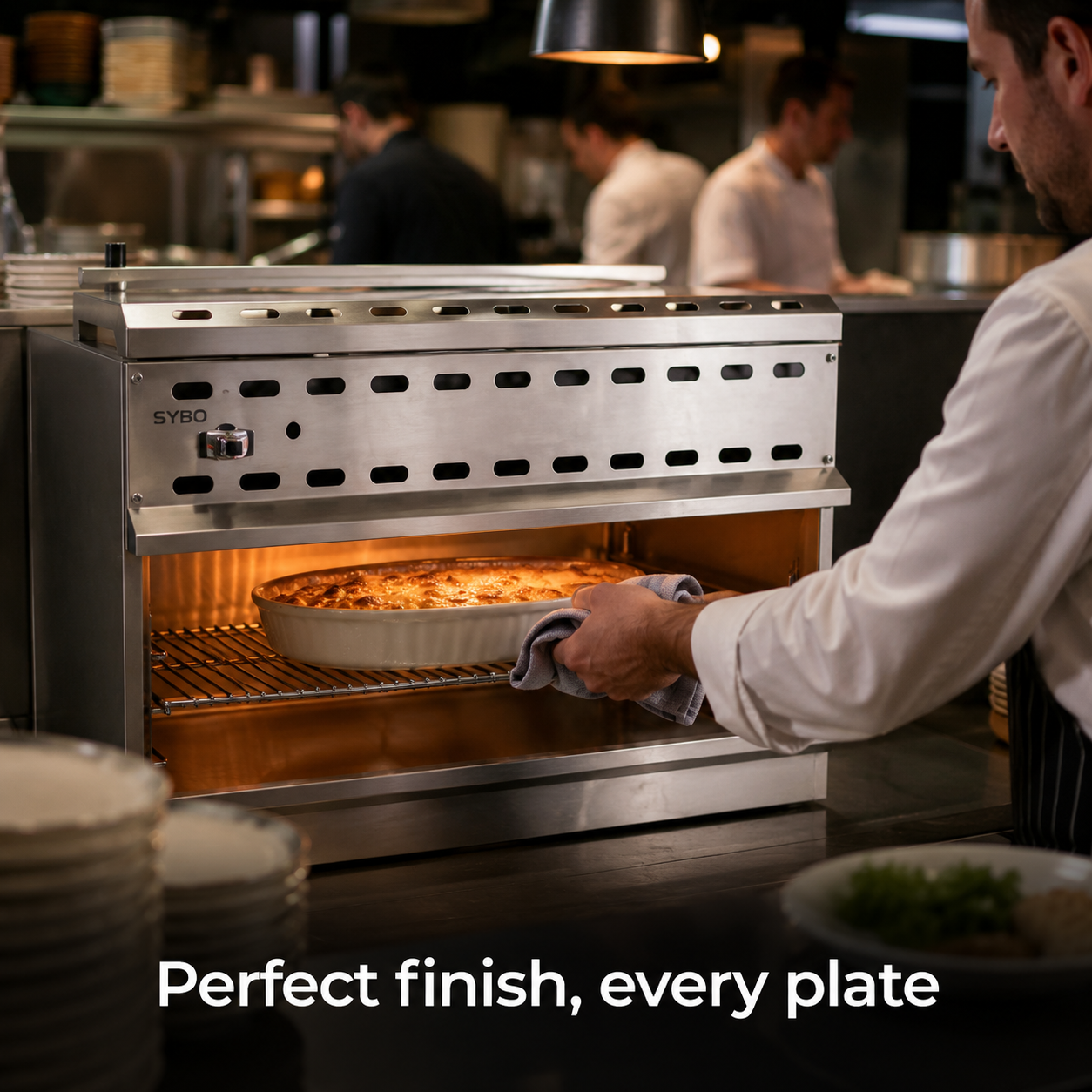 SYBO Commercial Gas Salamander in commercial use — Perfect finish, every plate