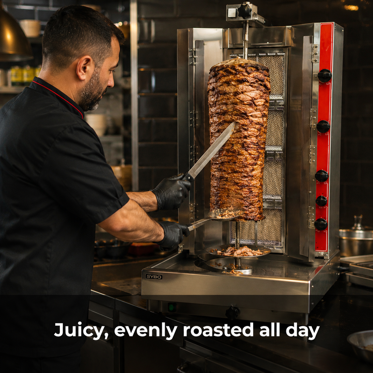 SYBO Commercial Gas Shawarma Broiler in commercial use — Juicy, evenly roasted all day