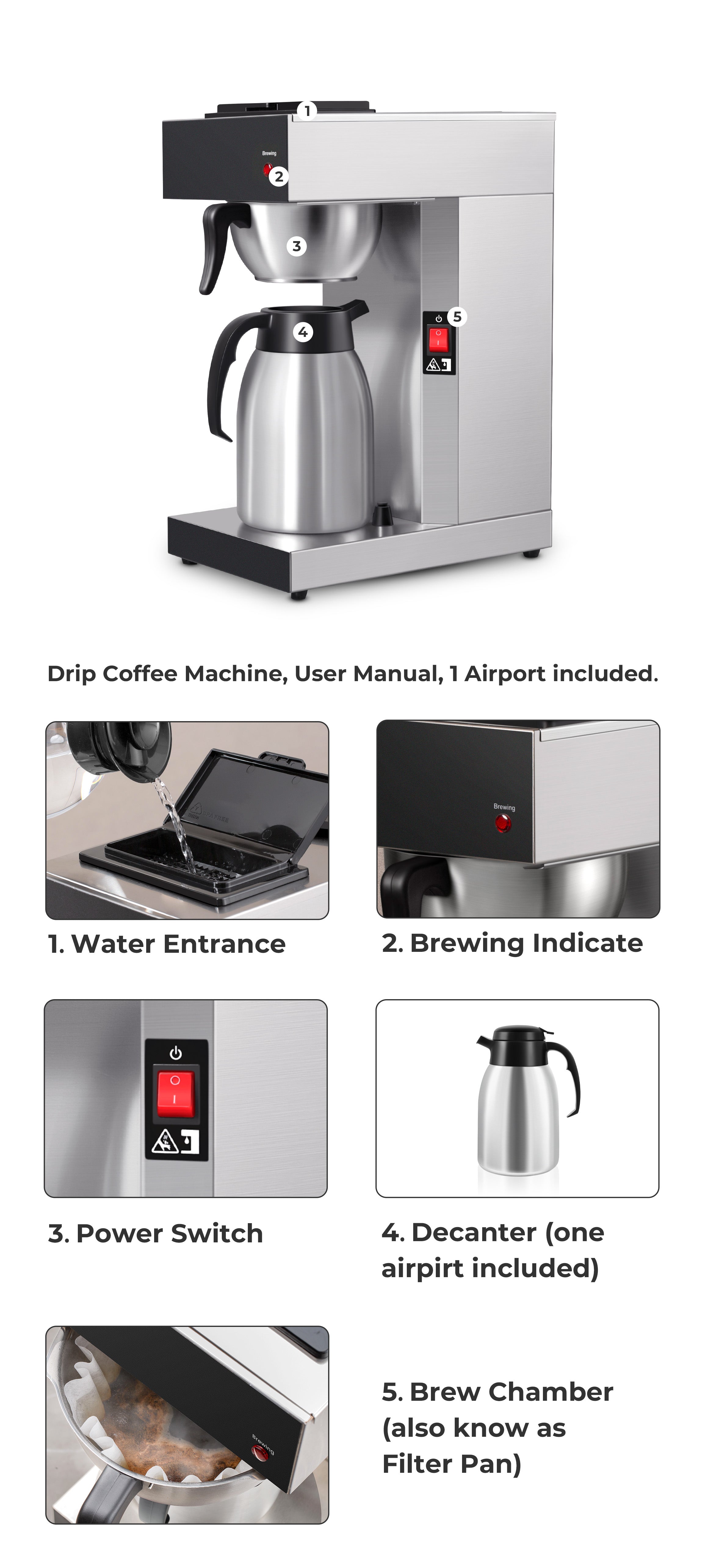 SYBO 12 Cup Stainless Steel Coffee Maker Brewer with Airpot, Silver