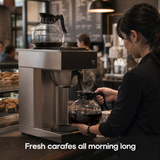 SYBO 12-Cup Drip Coffee Maker with 2 Glass Carafes and Warmers in commercial use — Fresh carafes all morning long
