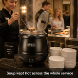 SYBO Electric Soup Warmer in commercial use — Soup kept hot across the whole service