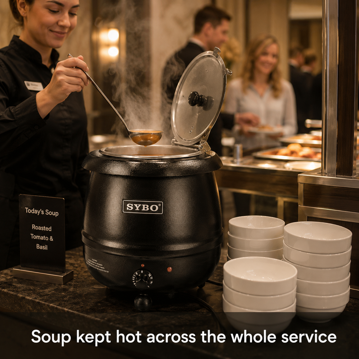 SYBO Electric Soup Warmer in commercial use — Soup kept hot across the whole service