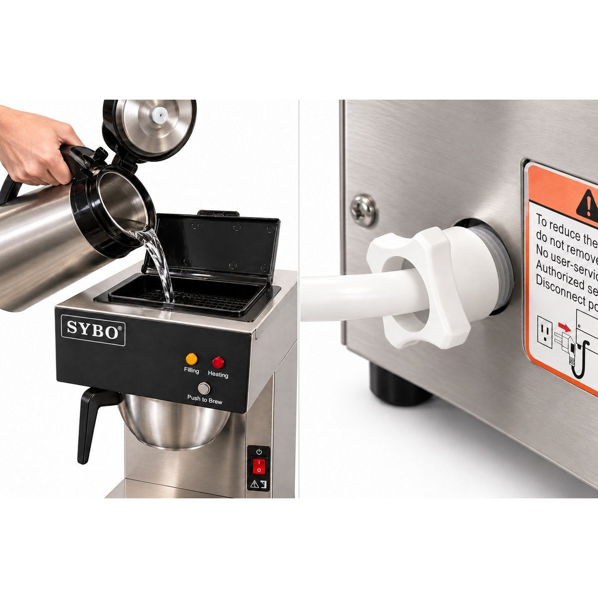 Pour-over filling into hinged top tank and plumbed water line connection on SYBO airpot coffee brewer