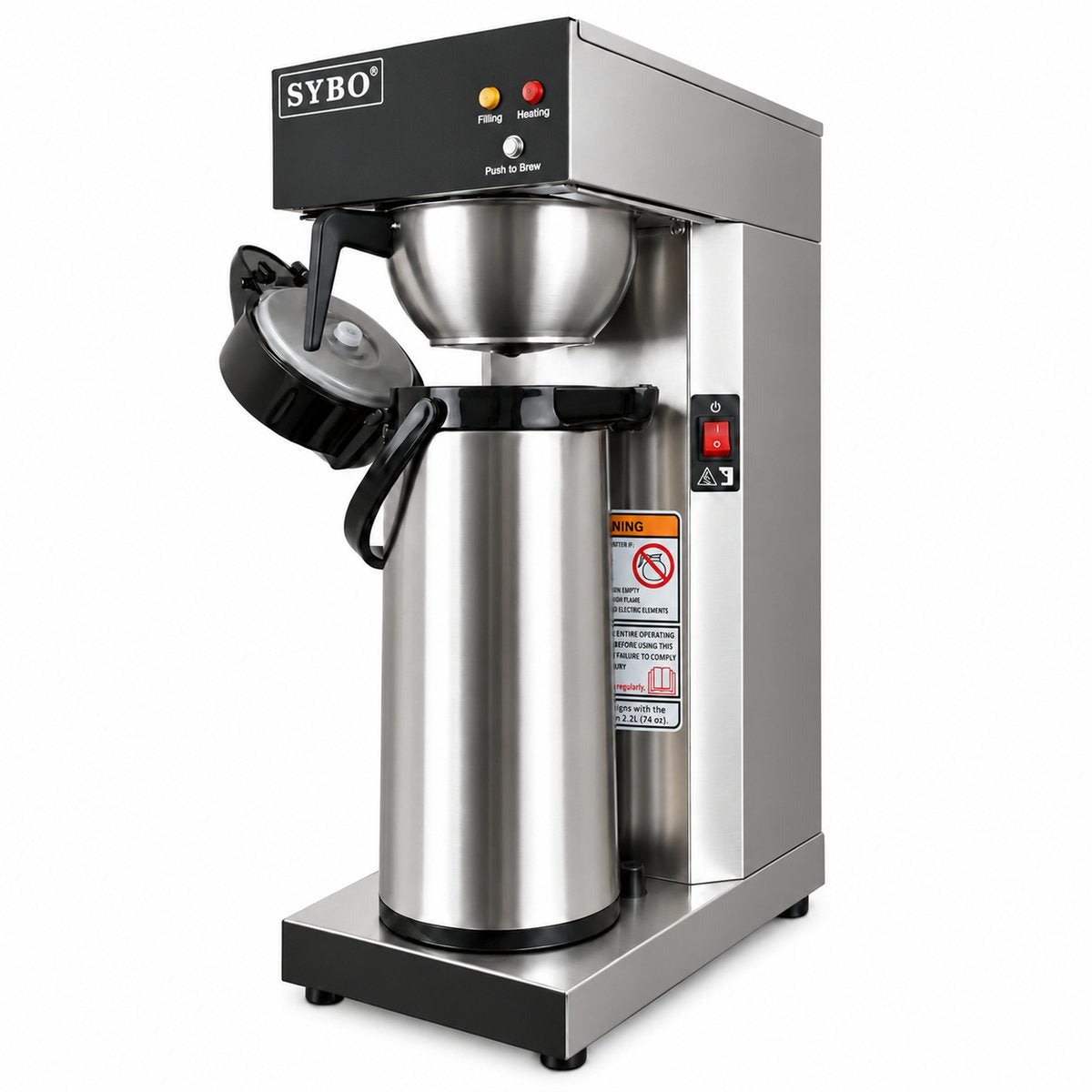 SYBO commercial drip coffee maker with 2.2L airpot in 304 stainless steel, shown with lid open