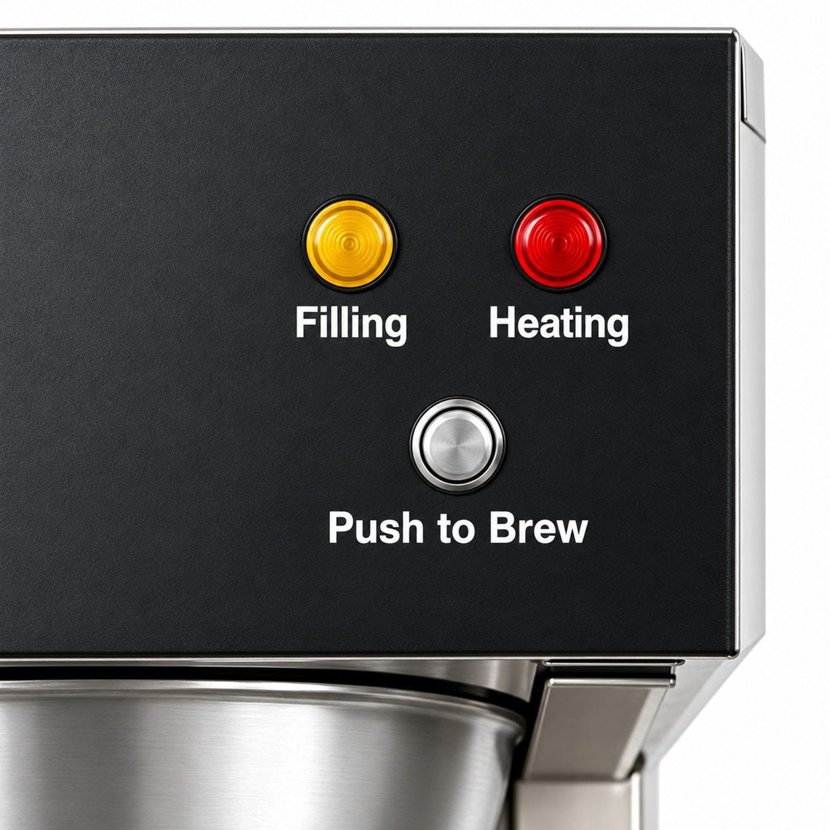 Filling and Heating indicator lights with Push to Brew button on SYBO airpot coffee maker control panel